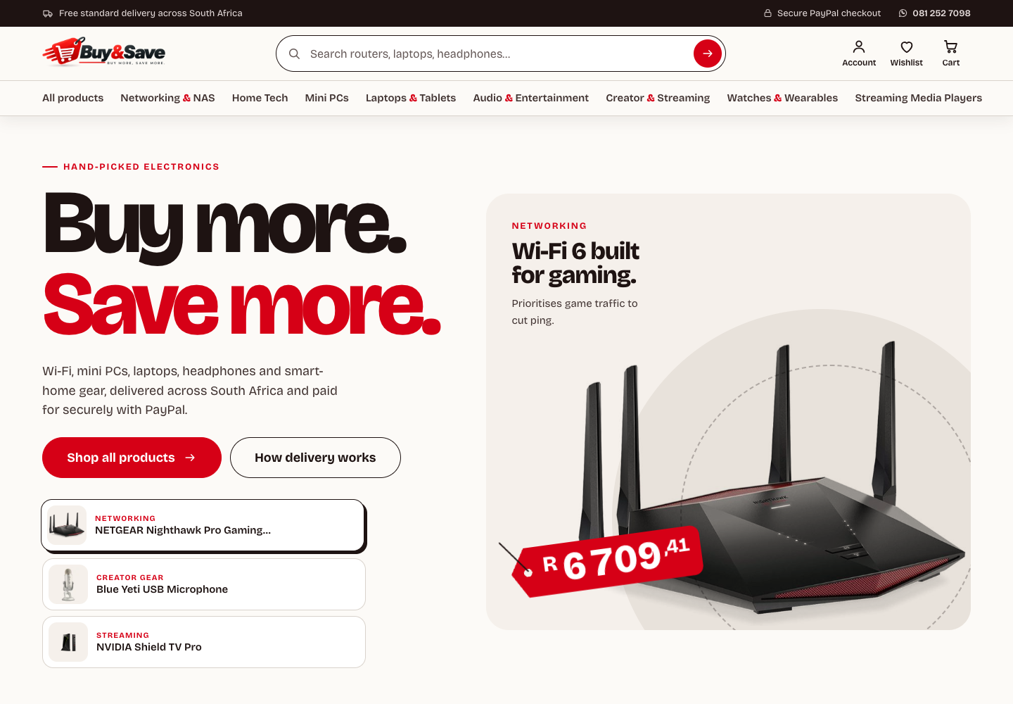 Buy and Save storefront with product-category navigation and an electronics shopping hero.
