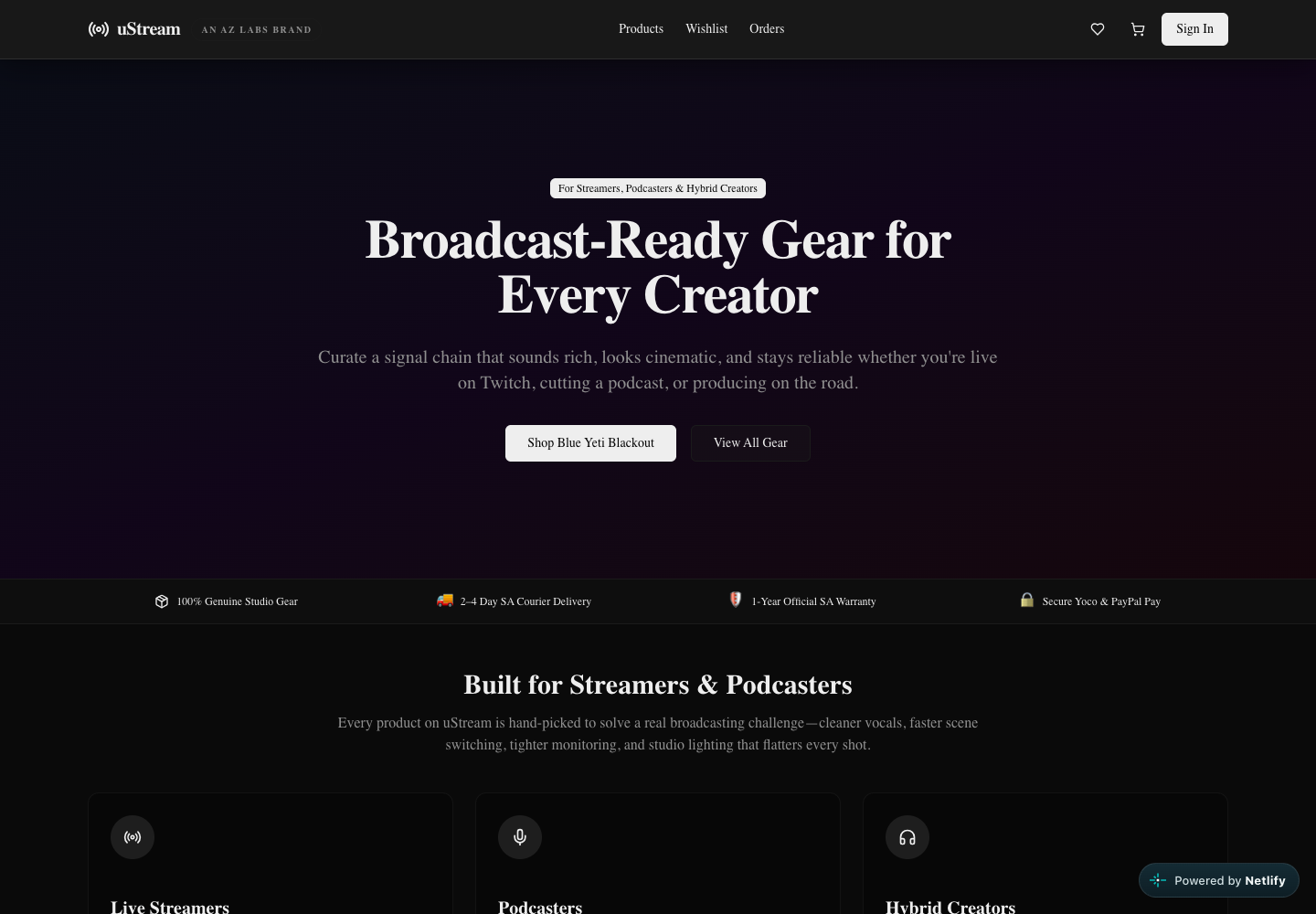 UStream public storefront showing the AZ Labs brand link, gear navigation and Broadcast-Ready Gear for Every Creator introduction.